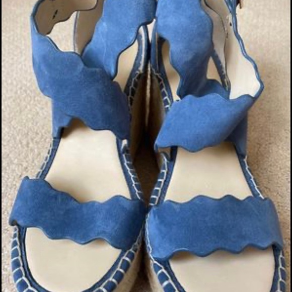 MARC FISHER Womens Scalloped Blue Platform Calita Wedge Leather Shoes - Picture 3 of 5